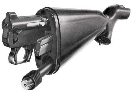 Original AR-7"Explorer" survival rifle, with parts partially inserted into the polymer stock. For compact storage and transportation parts are fully inserted into appropriate compartments in the stock and then closed by detachable rubber buttplate.